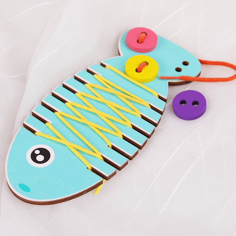 Educación temprana para niños, juego de rompecabezas de cuerdas de peces pequeños, práctica de trenzas hechas a mano de jardín de infantes, coordinación mano-ojo, juguetes de madera