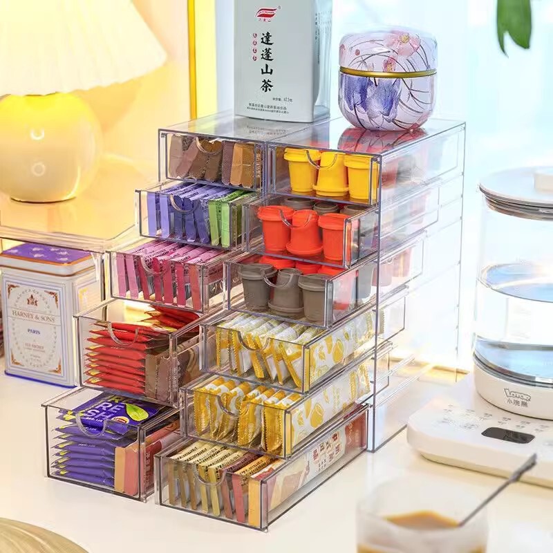 Drawer-type Dust-proof Instant Milk Tea Strip Tea Bag Storage Box Coffee Capsule Finishing Office Desktop Storage Transparent