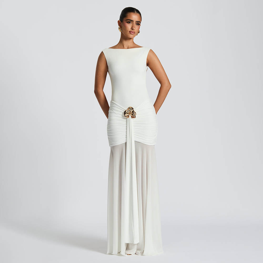 Fronteriza Europa y América primavera y verano nuevo estilo de moda sin mangas de espalda plegado empalme sexy vestido de banda de cadera