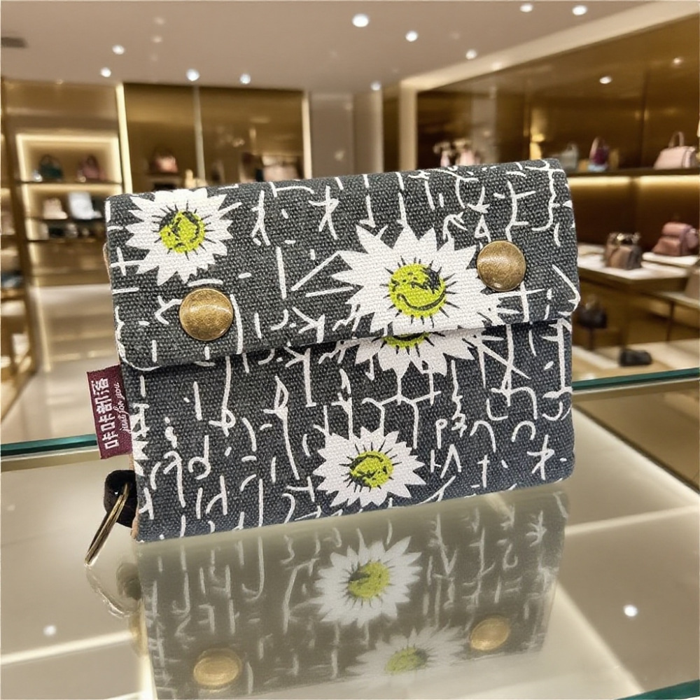 Cartera de lona de mezclilla triple con estampado de dibujos animados creativo, simple para hombres y mujeres, estuche para tarjetas de lona, estuche para llaves