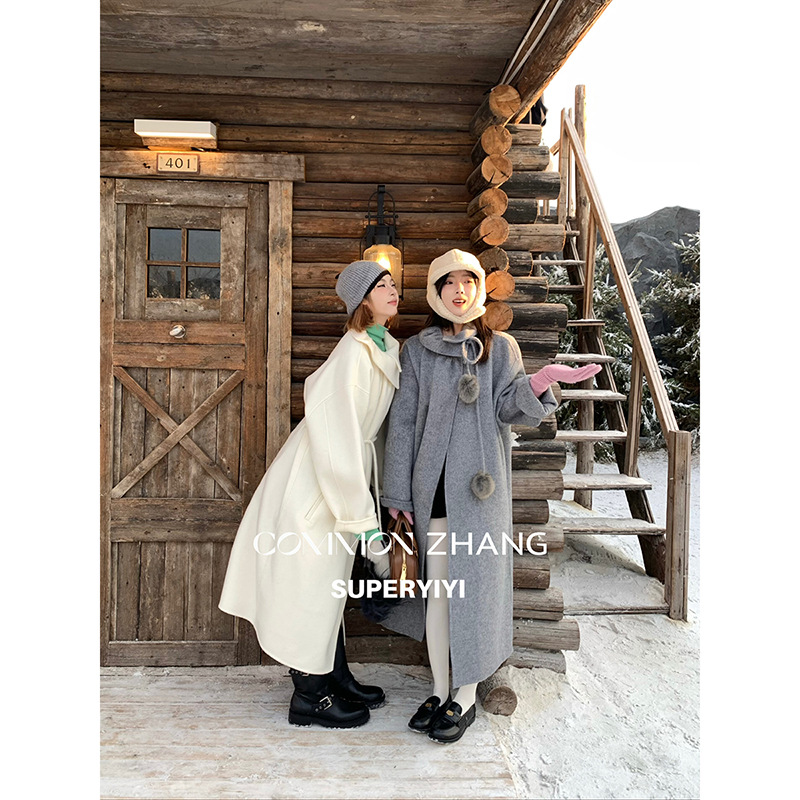 CZ ZHANG韩版纯色毛绒球通勤都市百搭经典双面呢羊毛大衣女A49261