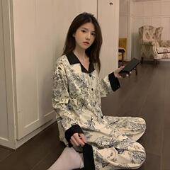 睡衣女春秋新款开衫翻领拼色长袖长裤国风水墨仿纯棉家居服两件套