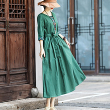 热卖推荐 棉麻连衣裙2023大气显瘦长裙 原创中国风春夏撞色大摆裙