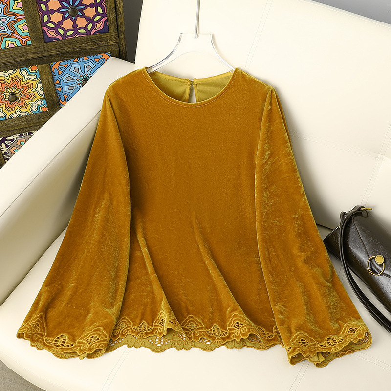 2025 New Autum Pure Color Versatile Round Neck Long-Sleeved T-Shirt Women's Fashion Cut Out Design Velvet Inner Shirt