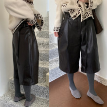 东大门ins美式复古高腰显瘦PU皮裤系带中短裤直筒阔腿裤皮七分裤