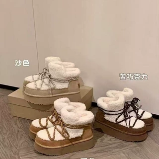 毛茸茸厚底增高绑带雪地靴女2026新款冬季毛毛短靴加绒拼色棉鞋子