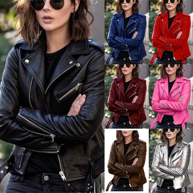 Spring and Autumn Plus Size Women's Short Leather Jacket European and American Motorcycle Suit Slim Winter Jacket Pu Leather Jacket for Women Spring and Autumn Plus Size Women's Short Leather Jacket European and American Motorcycle Suit Slim Winter Jacket Pu Leather Jacket for Women