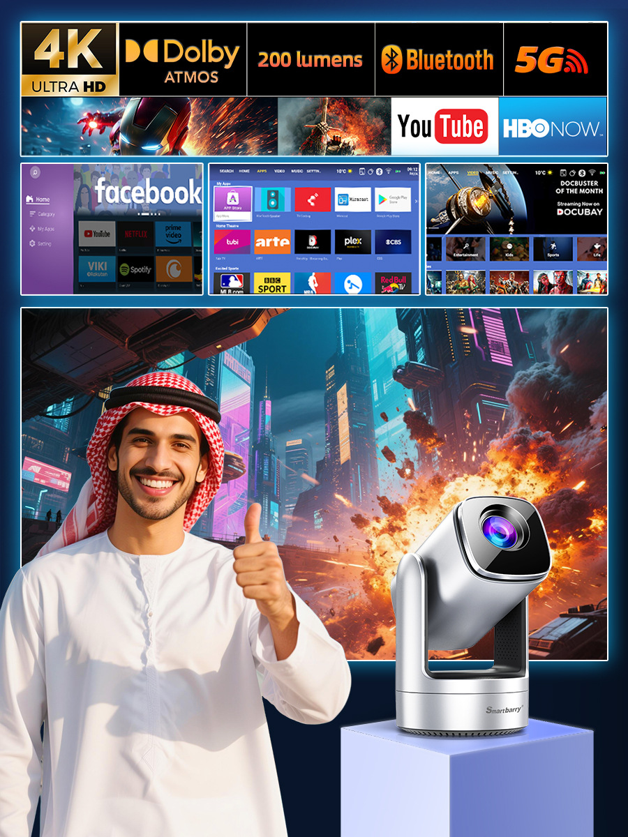 Sınır Ötesi 4K Açık Hava Projektörü Yerleşik Pil WiFi HD Android Akıllı Projector