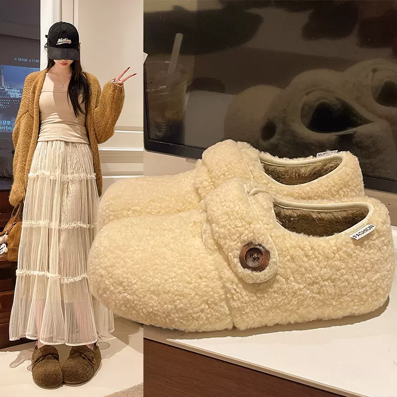 厚底勃肯棉鞋女冬季2025新款居家保暖加绒毛毛包跟棉鞋女外穿防滑