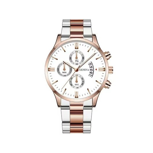 로즈 골드 케이스 사이의 로즈 골드 스트랩, 흰색 표면의 로즈 골드 바늘