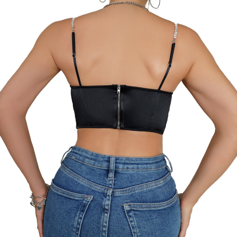 De moda de gama alta sexy cuello bajo Sling plisado máquina cuidadosa rhinestone costura cintura corta adelgazamiento Fishbone corsé para las mujeres