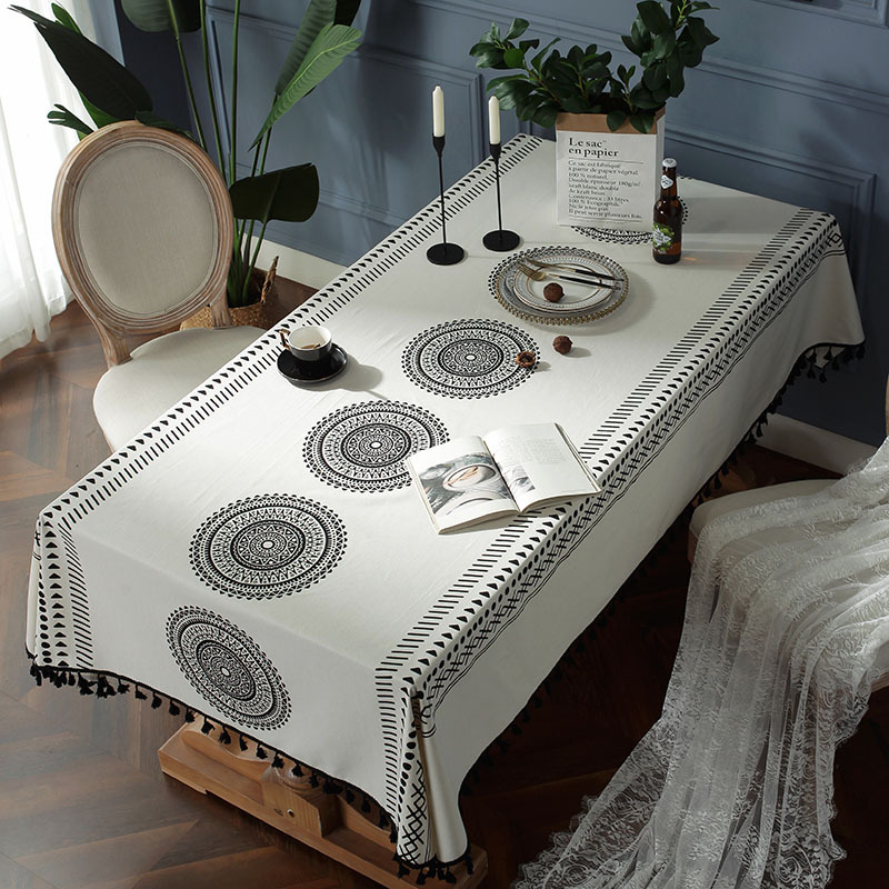 Bohemian Mandala Print Black Tassel Rectangular Home Coffee Table Table Cloth display picture 3