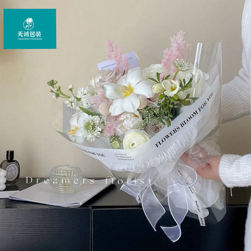 新款网红加厚英文玻璃纸鲜花花束包装纸透明防水加厚防尘玻璃纸