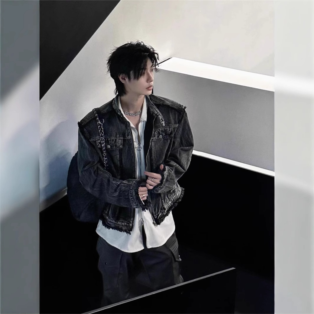 클린 핏 짧은 데님 엣지 디자인 틈새 봄과 가을 재킷 남성 아메리칸 스타일 하이 스트리트 빈티지 세탁 자켓 트렌디
