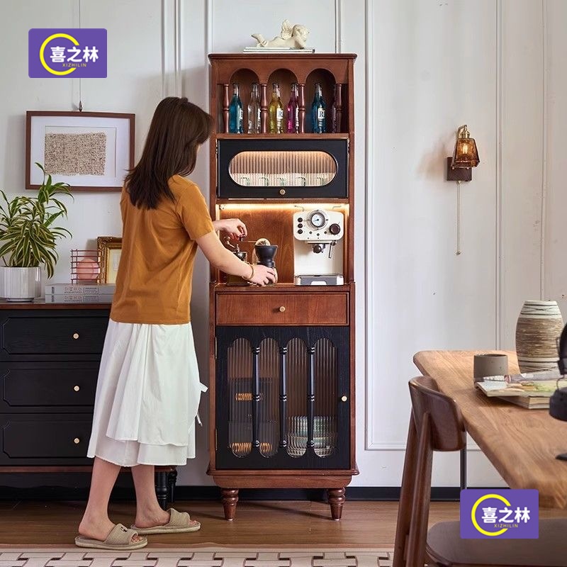 Integrated Wall-Mounted Sideboard, Narrow High Cabinet for Home Use, Solid Wood Tea Cabinet, French Retro Style Wine Cabinet, Display Cabinet for Living Room