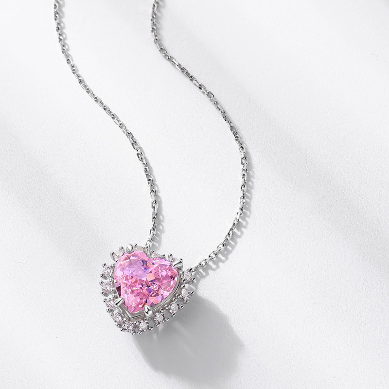Wilsheng joyería de gama alta de color rosa en forma de corazón 10*10MM de alto carbono diamante colgante 925 Collar de plata fábrica de una sola pieza de entrega