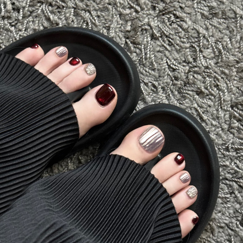 Jz-219 Wearable Nail Art Wine Red Silver Foil Color-Block Toe Nail Wholesale Removable Waterproof Toe Nail Stickers Jz-219 Wearable Nail Art Wine Red Silver Foil Color-Block Toe Nail Wholesale Removable Waterproof Toe Nail Stickers