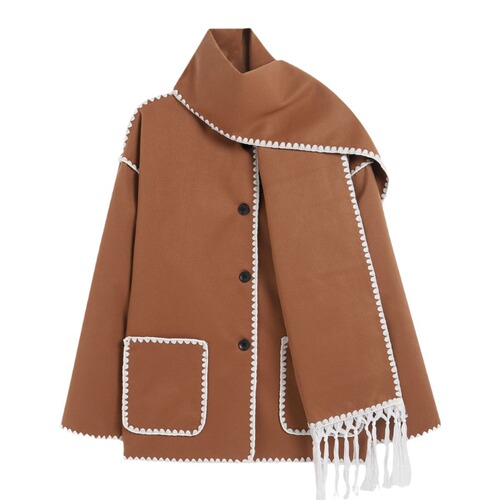  Autumn/Winter European and American Cross-border New Fashion Women's Woolen Coat with Thick and Loose Design, with Scarf and Tassel