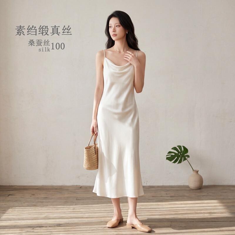 Heavyweight Plain Crepe Satin Silk Dress, 100% Mulberry Silk, Solid Color Simple Strap Dress, Elegant and Slimming Women's Clothing