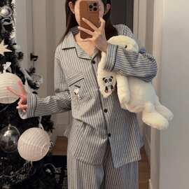 条纹睡衣女春秋款长袖纯棉质感简约开衫宽松大码家居服套装可外穿