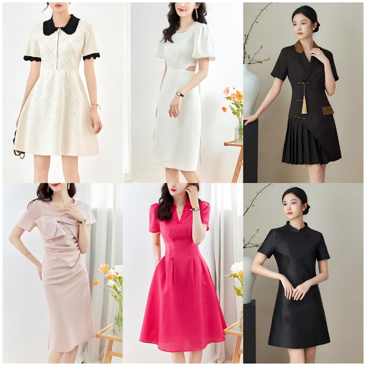Đầm suông nữ midi mùa hè tay ngắn — 2411407 - Da đen