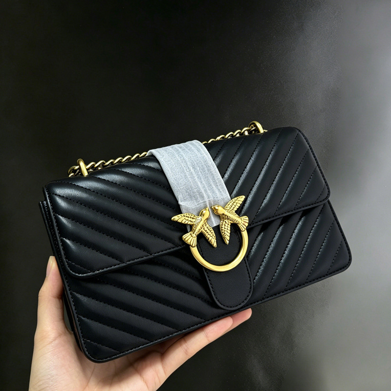 Black diamond-patterned Pinko-style swallow bag for women, genuine leather shoulder and crossbody bag, genuine leather chain small square bag, fashionable Black diamond-patterned Pinko-style swallow bag for women, genuine leather shoulder and crossbody bag, genuine leather chain small square bag, fashionable