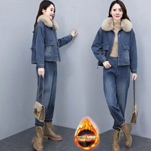 牛仔套装女加绒加厚冬季新款休闲时尚工装保暖棉衣棉服两件套