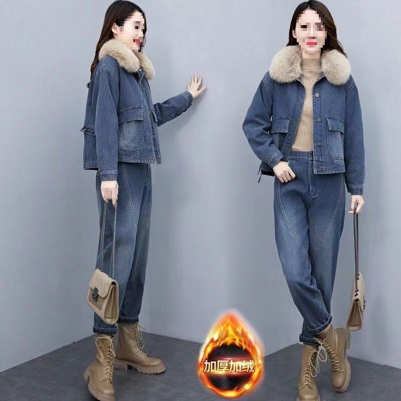 牛仔套装女加绒加厚冬季新款休闲时尚工装保暖棉衣棉服两件套
