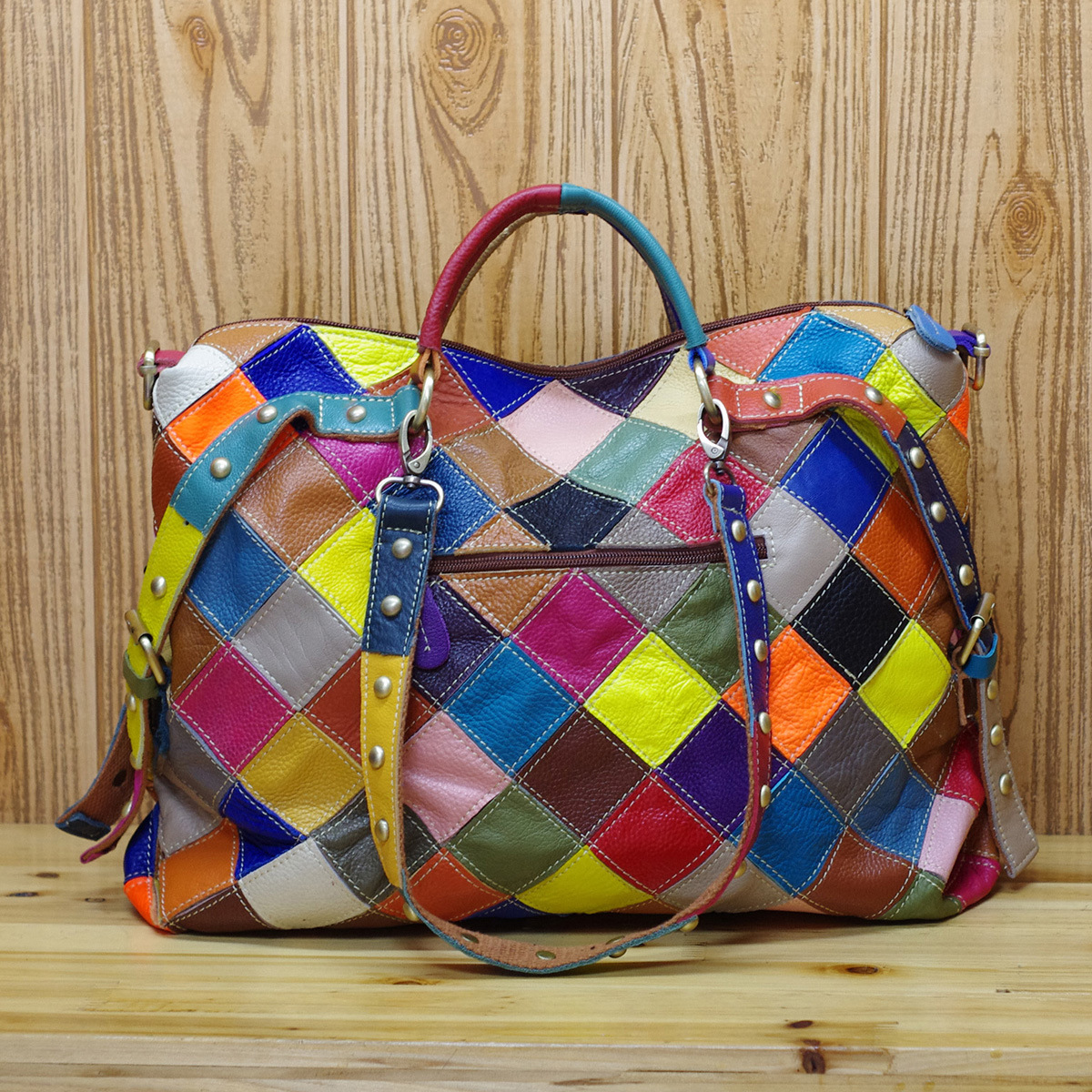 Leather Material Women's Medium Leather Color Block Argyle Vintage Style Square Zipper Handbag