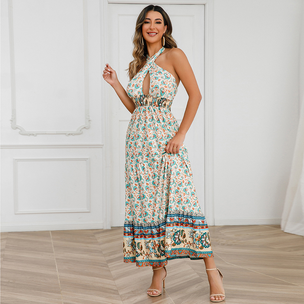 Bohemian Ditsy Floral Halter Neck Sleeveless Printing Polyester Maxi Long Dress A-line Skirt display picture 1