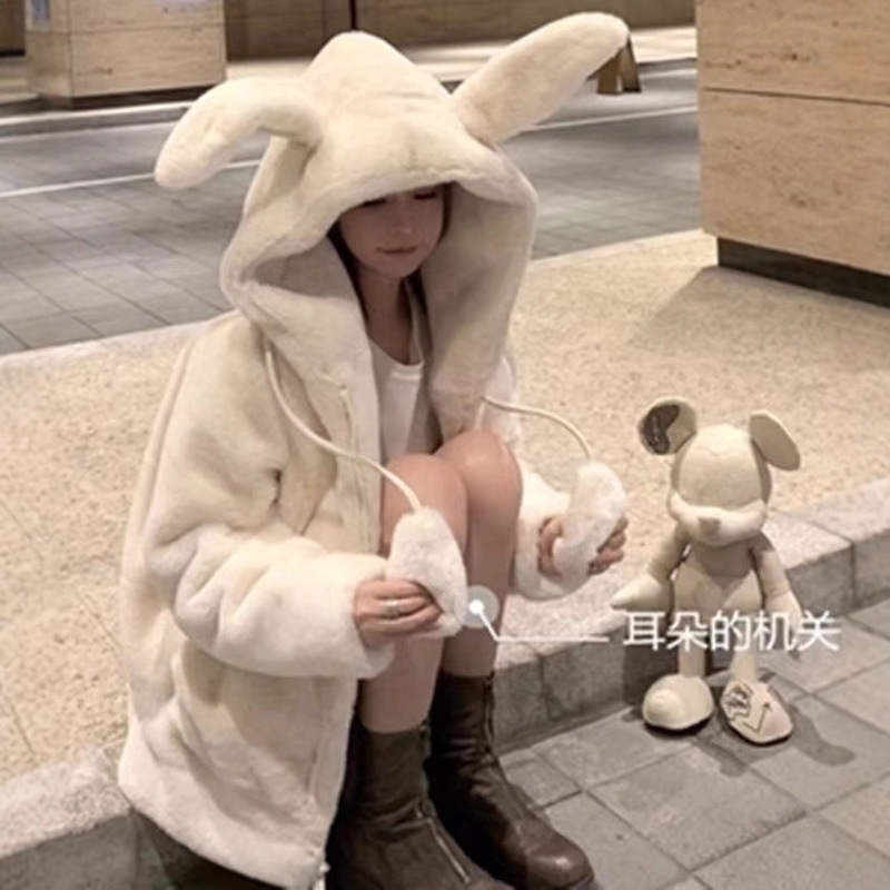 Moving Rabbit Ears Imitation Rabbit Fur Outwear Women's Lamb Hair Mid-Length Furry Plush Thickeneded Outwear Winter