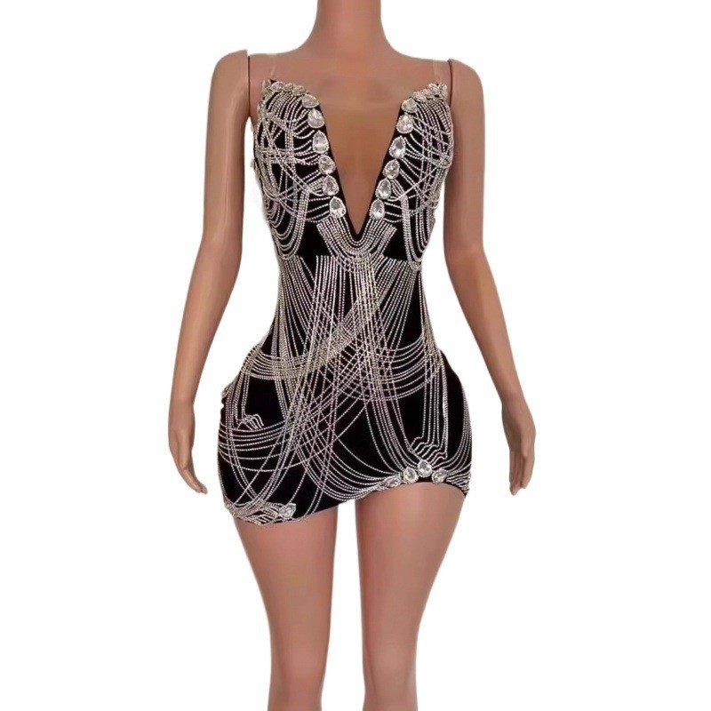 Performance Clothing Sexy Slim-Fitting Hip-Hugging Mini Ultra-Short Silver Tassel Dance Stage Performance Dress European and American Style