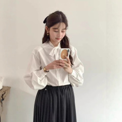 现h EGG韩国东大门2025秋季新款复古蕾丝蝴蝶结系带设计感衬衫女