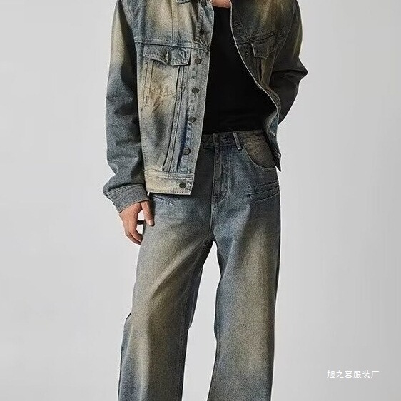 Washed Gradient Denim Jacket Set for Men, New Autumn High Street Fashion Brand Casual Jacket, Loose Straight-Leg Jeans