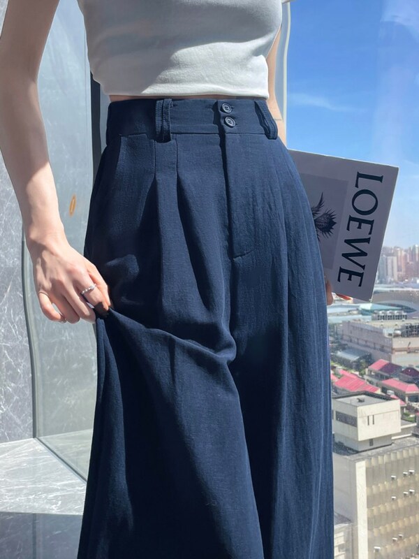 Tencel Ramie Ice Silk Wide-Leg Pants for Women, Summer Thin Buttoned Narrow European-Style Straight-Leg Pants, Linen Suit Pants