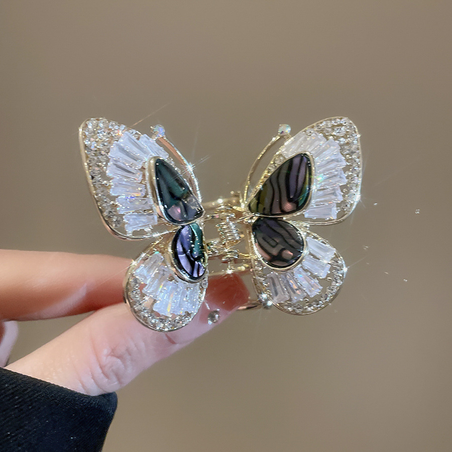 Zircon Fritillaria Horquilla de mariposa de doble capa Temperamento exquisito de alta calidad Clip de tiburón en la parte posterior de la cabeza Clip de agarre de moda Accesorios para el cabello femenino