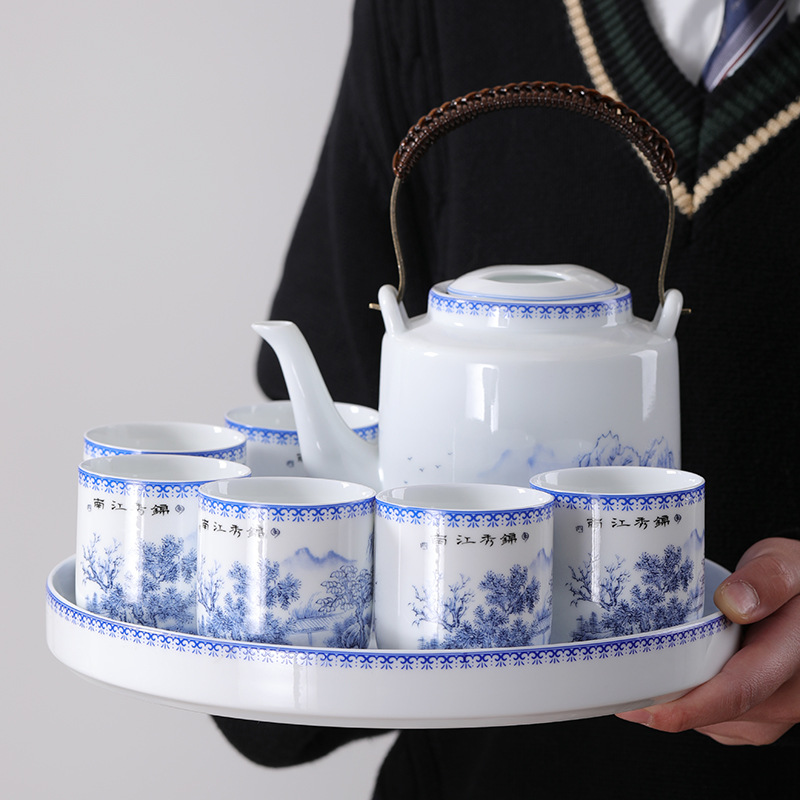 Enamel Ceramic Teapot Large Capacity Portable Tea Infuser Chinese Blue and White Thin-walled Tea Cup Handle Teapot Tea Tray Set