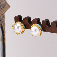 新中式国风中古耳环女珍珠小众高级感复古耳钉珐琅花朵宫廷风耳饰