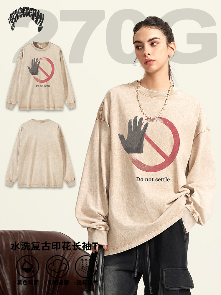 Impresora de marcas| 2025 primavera y otoño versión suelta de algodón retro lavado en agua mangas largas no toque impresión digital camiseta hombre