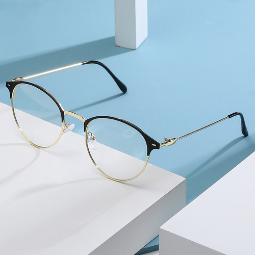 New lightweight metal round glasses frame men's fashionable anti-blue light personality trendy women's black frame anti-blue light discolored glasses