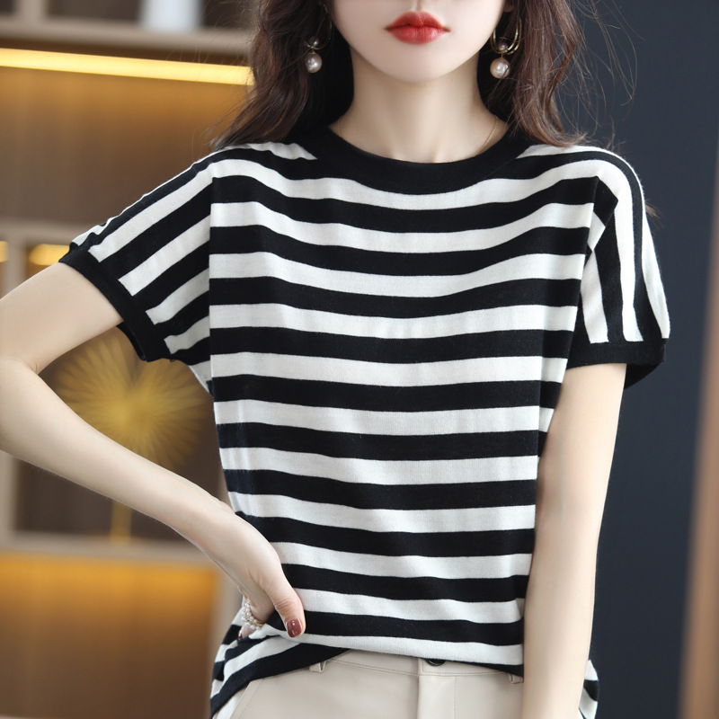 2023 Summer New Arrival Worsted Wool Round Neck Short Sleeve Wool Loose Short Solid Color Thin Sweater T-Shirt