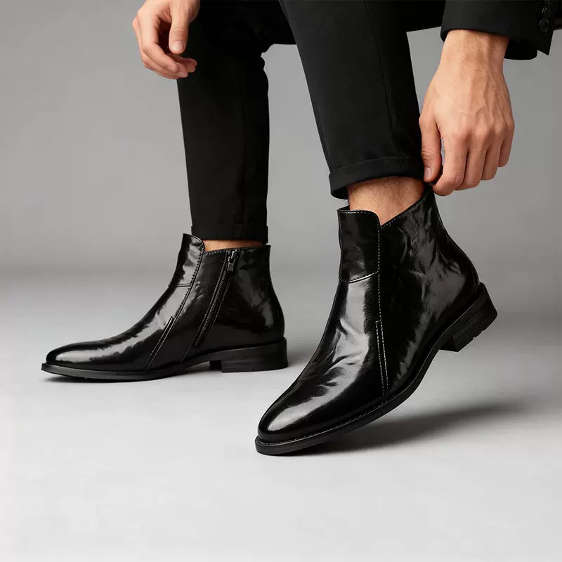 男士2025切尔西靴复古英伦尖头高帮皮靴休闲皮鞋男冬季加绒保暖鞋