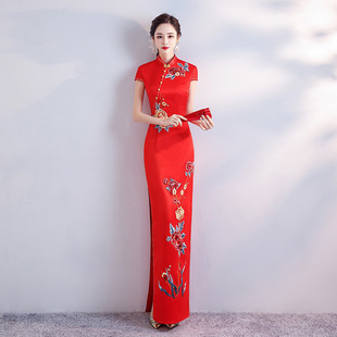 Retro embroidery split dress catwalk show cheongsam host banquet dress slim fit slimming dress women
