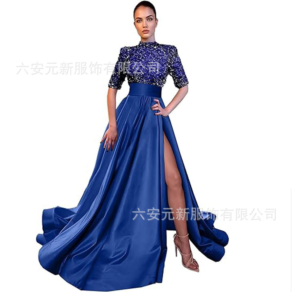 Europeo y americano Amazon AliExpress vestido de fiesta media manga lentejuelas satén vestido de noche A-line vestido de fiesta de hendidura image 19