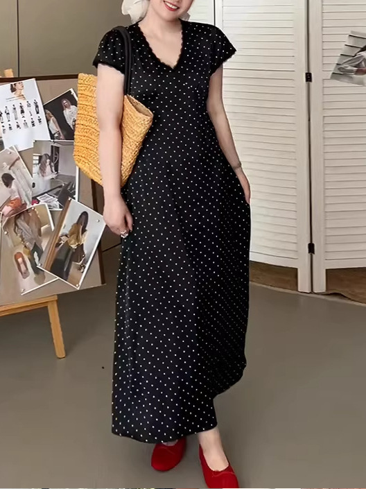 プラスサイズの女性の韓国レース V ネック水玉ドレス夏の新しいファット mm ウエスト痩身スカート|undefined