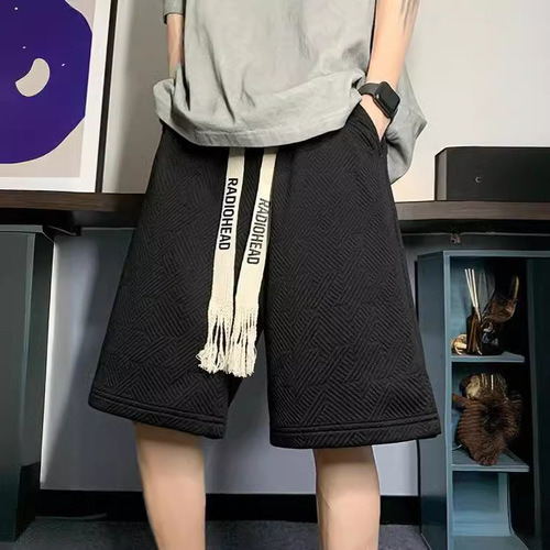 2024 American Men's Knee-length Waffle Shorts Summer Casual Knitting Drawstring Sports Loose Sportswear 