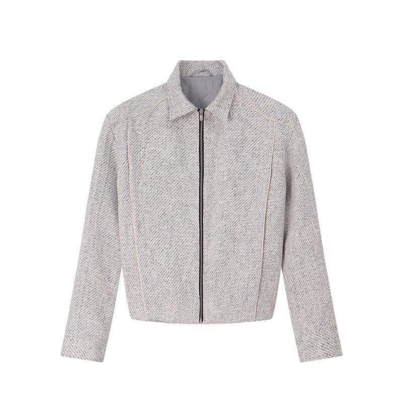American Retro Gray-White Woven Tweed Chanel-Style Lapel Zipper Cardigan Jacket for Men, Versatile for Spring Commuting