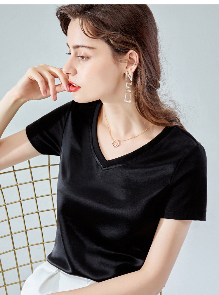 Top de acetato para mujer 2023 verano nuevo estilo coreano de moda de las mujeres sueltas costura satén clavícula cuello en V manga corta Camiseta image 7