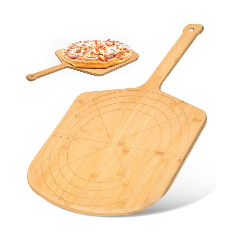 Bamboo pizza board multifunctional cutting board with engraved pizza spatula, tabletop cheese and fruit wooden tray