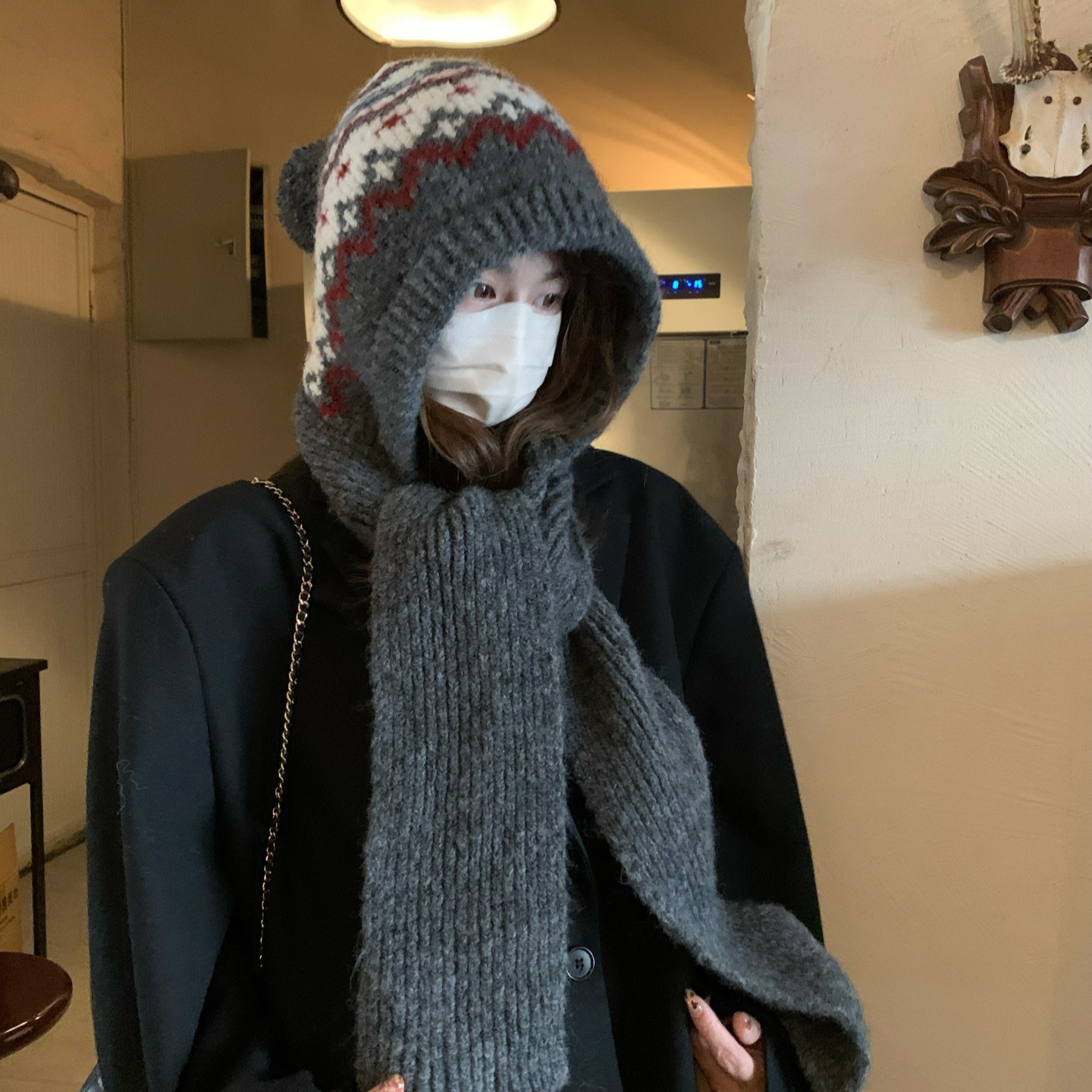 フェア島風毛糸帽子女子秋冬レトロ百合大頭囲保温ニット帽子顔小耳保護帽子